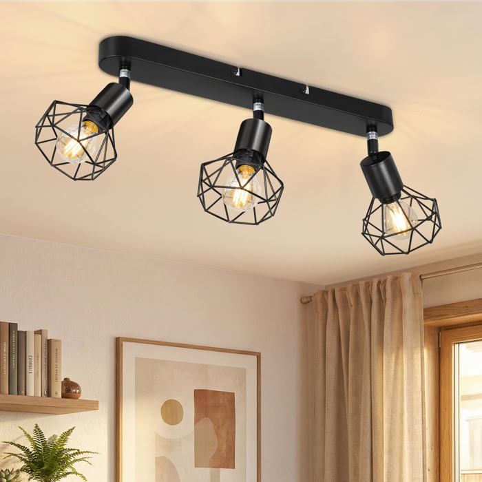 Luminaire Plafonnier LED 3 Spots Orientables Moderne Rampe Spots de plafond Noir E14 Plafonnier/Applique Murale Intérieure pour