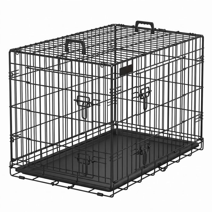 Cage de Transport Pliable pour Chien avec Plateau en Plastique et 2 Portes Taille L Noire Cage de Transport Pliable pour Chien avec Plateau en Plastique et 2 Portes Taille L Noire