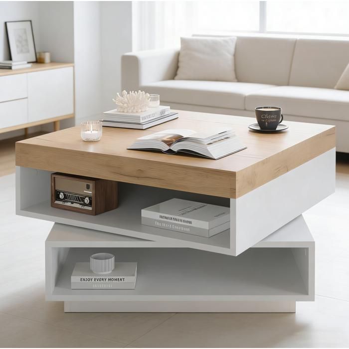WOVREO Table basse carrée 65 x 65 x 40 cm plateau pivotant 360° LED MDF blanc et décor bois