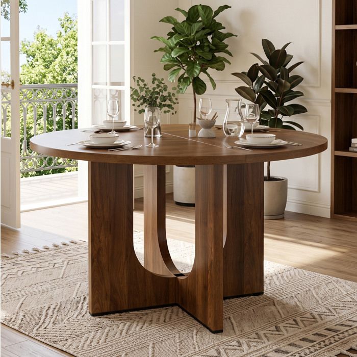Table à manger ronde 120 cm en MDF coloris noyer 4 à 6 personnes style scandinave