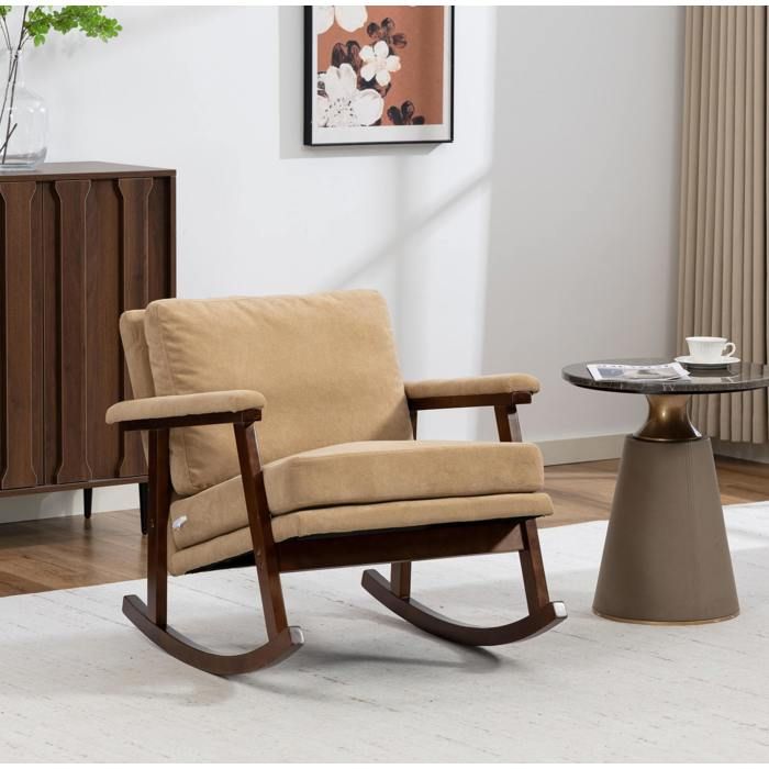 Fauteuil Bascule Velours Marron Clair Style Vintage FloraGrace Pour Salon Chambre Coussin Lombaire Integre 73x80x83cm