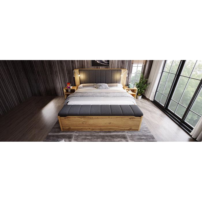 ELVORIN Lit combiné 180 x 200 cm décor chêne tête de lit rabattable 2 chevets banc coffre liseuses USB