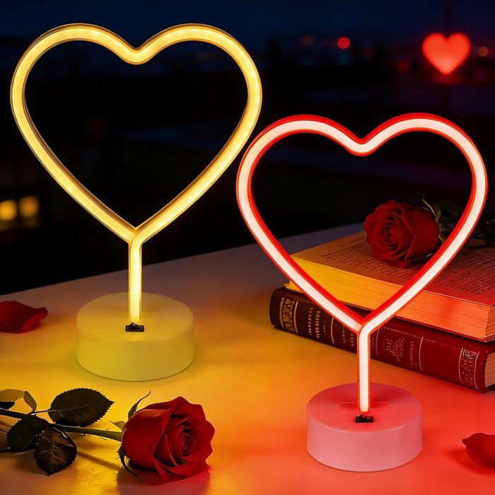 Lampe Néon Cœur LED 2 Pièces Décoration de Table USB ou Piles Lumière Rouge et Orange pour Maison