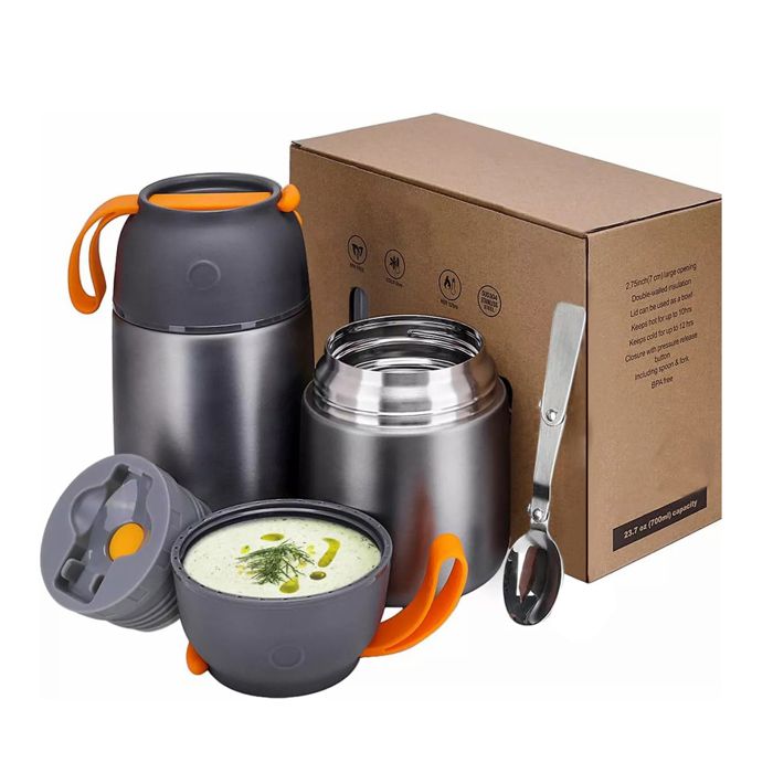 Pot isotherme 650ml inox 304 6-12h chaud/froid étanche anti-dérapant cuillère pliable intégrée repas soupe déplacement