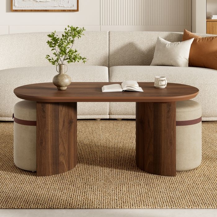 Ensemble de table basse avec 2 tabourets table de salon avec 2 tabourets de siège tabouret rembourré rond Noyer