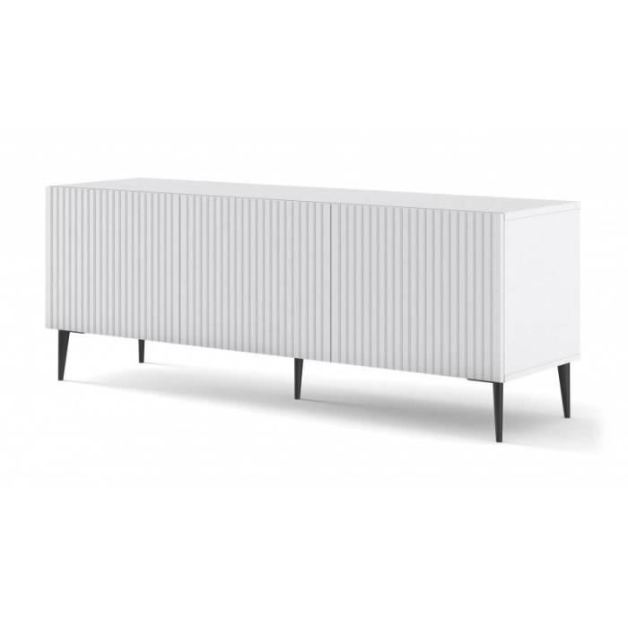 Meubles TV - Meuble TV Ravenna avec 3 portes en bois et pieds noirs - Blanc mat - L 150 x P 42 x H 56 cm Noir Meubles TV - Meuble TV Ravenna avec 3 portes en bois et pieds noirs - Blanc mat - L 150 x P 42 x H 56 cm Noir
