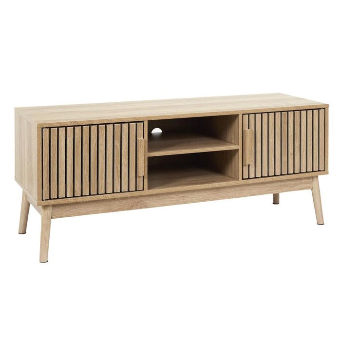 PAJAN - Meuble TV 2 Portes Effet Bois avec Tasseaux PAJAN - Meuble TV 2 Portes Effet Bois avec Tasseaux