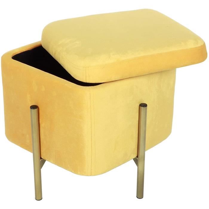 Repose-pieds Rangement Sherpa Jaune BRIAN & DANY - Pouf Rond Teddy Avec Couvercle, Pieds Bois