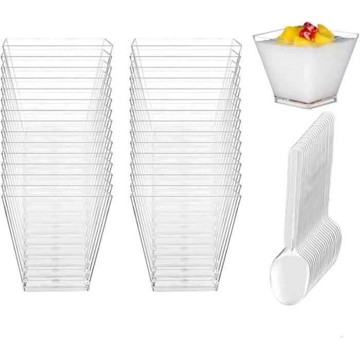 Lot De 50 Verrines Plastique + Cuillères - 200 Ml, Transparent, Réutilisable, Pour Mousse, Glace, Tiramisu