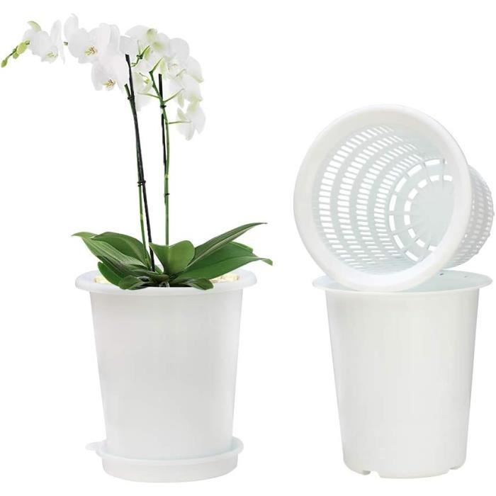 Pot Orchidée Céramique 5 Pouces - Avec Trous Drainage Et Soucoupe - Pour Plantes Intérieures Et Extérieures - Design élégant Blanc