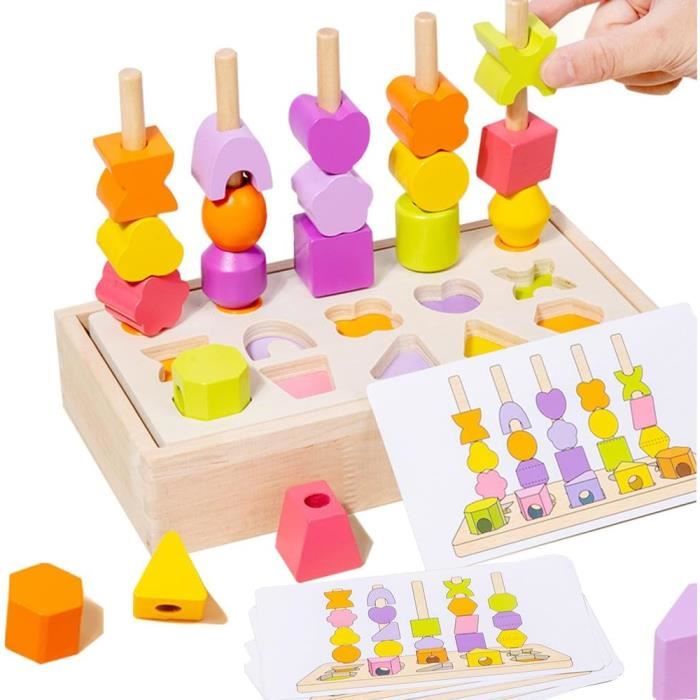 Jouet Éveil Montessori Bois 2 En 1 Empilable Et Enfiler - Vert - Jeu Éducatif Enfant