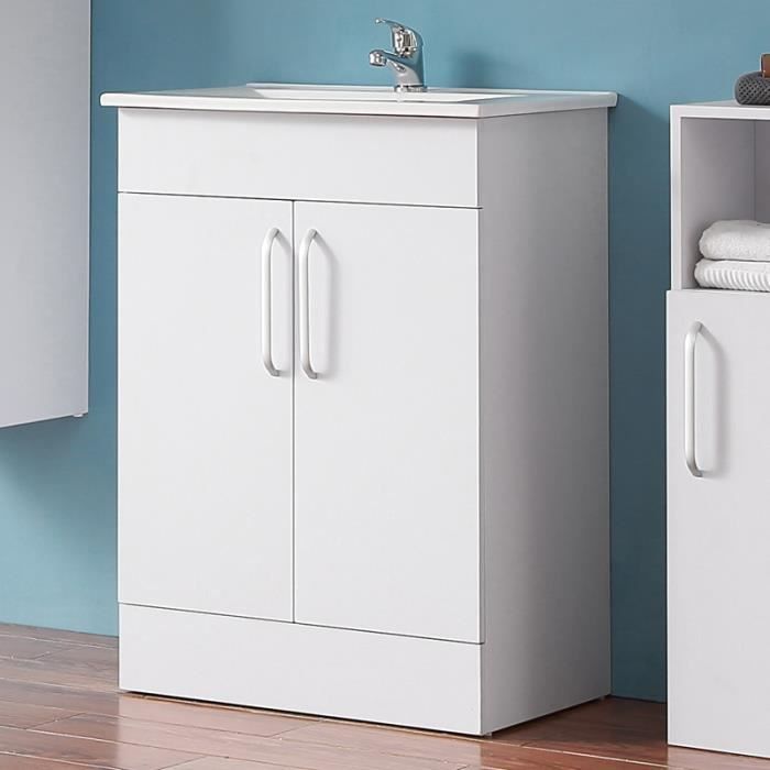 Meuble De Salle De Bain 60 Cm Meuble Sous Lavabo Avec Vasque En Ceramique Deux Portes Blanc Cdiscount Maison