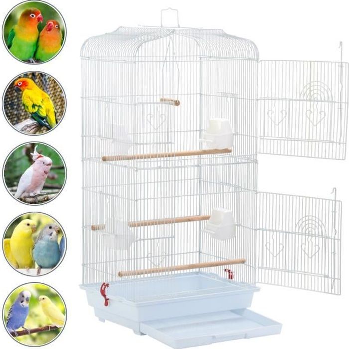 yaheetech cage oiseaux volière de perroquet canaries perruche canaris 46 x 36 x 92 cm - 4 mangeoires - 3 perchoirs blanc