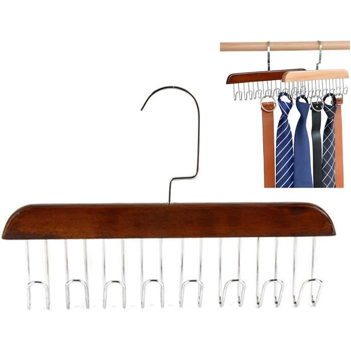 Rack de Cravate en Bois,cintres,Cravate en Métal et Support de  Ceinture,avec Crochet Rotatif 360 °,pour ceintures et cravates