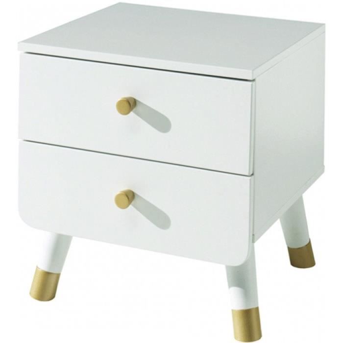 table de chevet enfant blanc satin 2 tiroirs de rangement pieds obliques dorés - style scandinave moderne