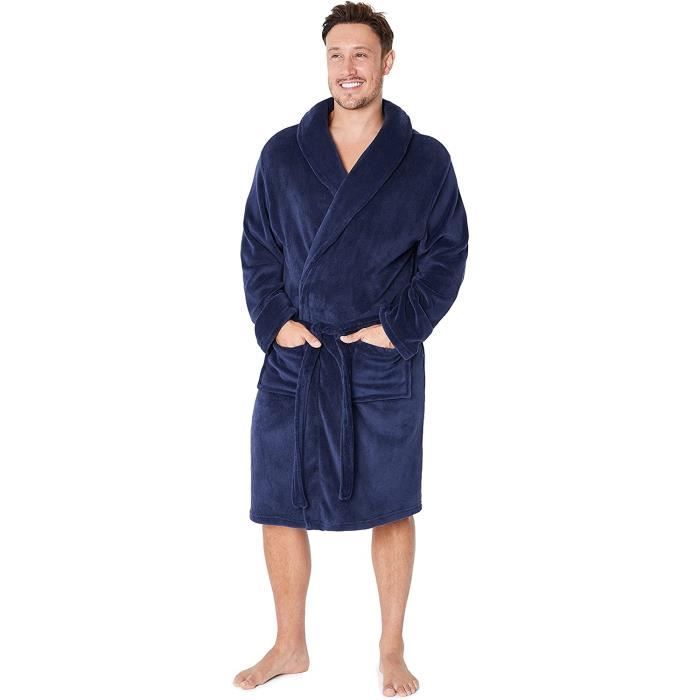 Peignoir de bain,Robe de Chambre Homme Polaire Chaude,Peignoir Homme Doux,pour Vêtements de détente et de nuit,bleu(L)