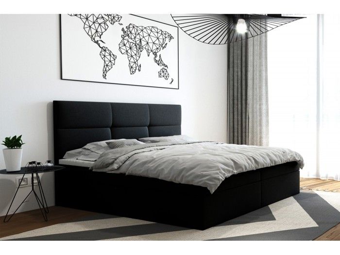 Lit adulte 200x200 cm TOP avec matelas ressorts intégrés rangement et surmatelas - tissu velours – noir