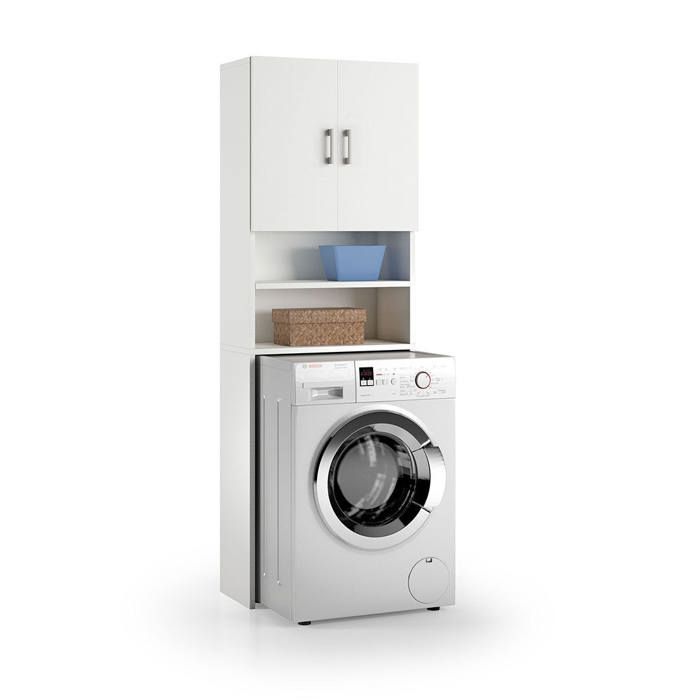 Armoire Salle De Bain NINA NP Blanc Mat - 64x124x30 Cm, 2 étagères, Pour Au-dessus De La Machine à Laver