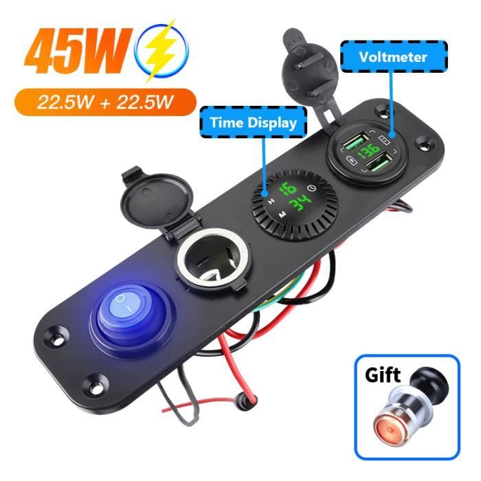Rallonge 12-24V 3 En 1 étanche Avec Double USB Et Voltmètre - Pour Voiture, Bateau, Camping (ABS, 15x5 Cm)