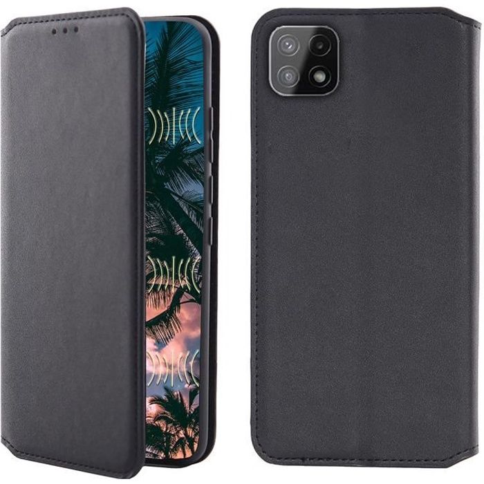 WuGlrz Coque pour Samsung Galaxy A22 5G avec 2 Pièces Verre Trempé Protection écran,Luxe PU Cuir Portefeuille Housse avec Magnétique Flip Protection Case-Noir Non pour Galaxy A22 4G