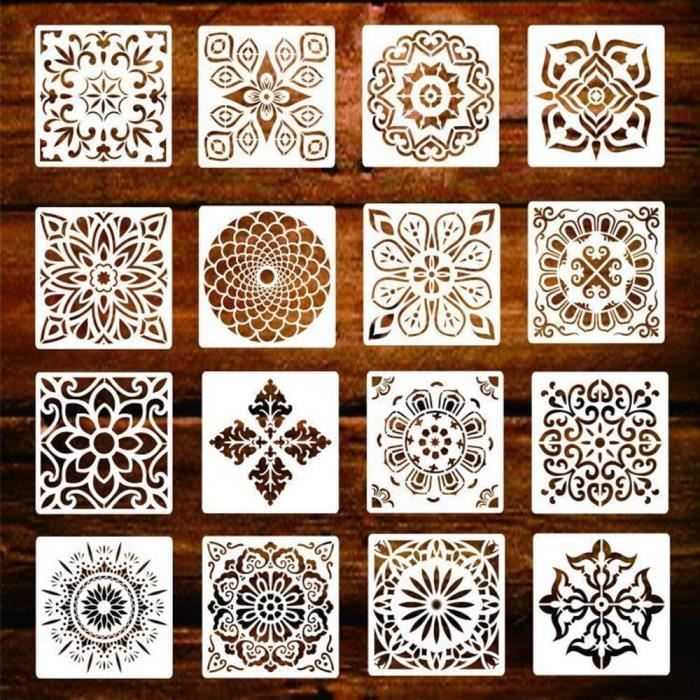 Pochoir de dessin en plastique Pochoir Aerographe pour Décoration Murale 13x13cm Motif Mandala Découpe Laser Peinture Pochoirs Différents Modèles 7 Pièces Réutilisables Pochoirs de Mandala