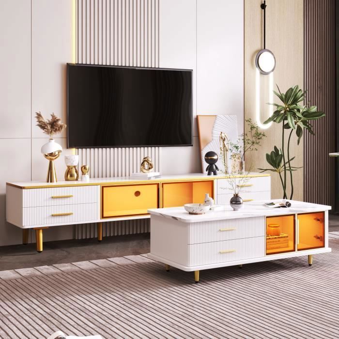 Ensemble salon Meuble TV + Table basse buffet-Style scandinave-Plateau à structure en marbre-170x37x475cm-100x50x40cm