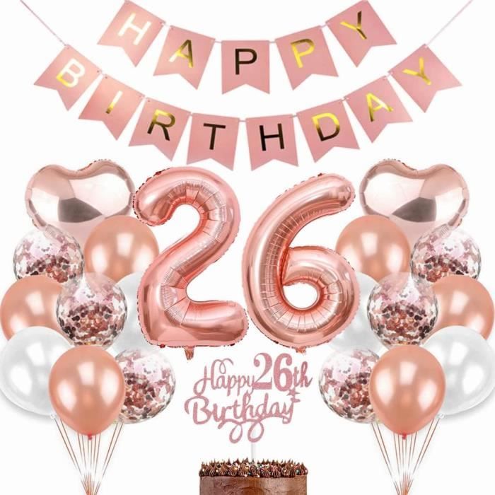 Décoration Anniversaire 26 Ans Femme - Kit Ballons Et Accessoires Rose Gold Et Noir - Pour Fête Et Gâteau - 9