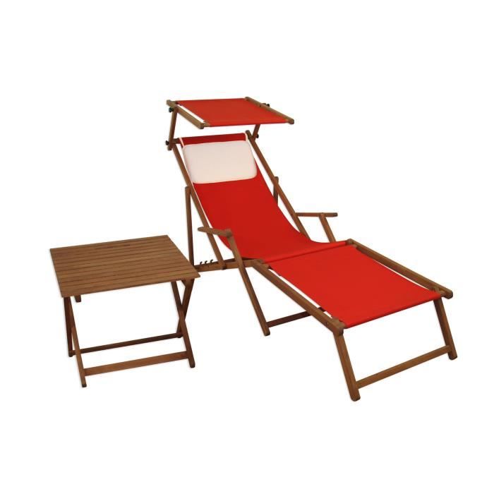 chaise longue de jardin rouge pliante, repose-pieds, pare-soleil, table, oreiller 10-308fstkh