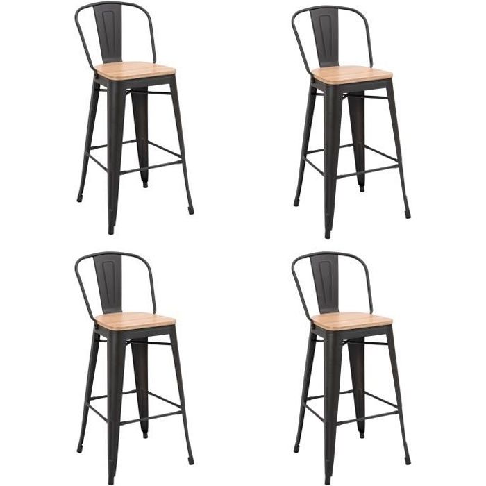 Lot De 4 Tabourets De Bar Industriel Avec Dossier Repose Pied Hauteur Assise 76 Cm Metal Noir Panneaux Multicouches Imitation Bois Cdiscount Maison