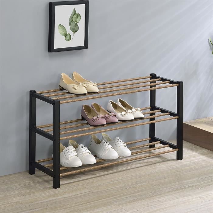 étagère à chaussures waterford rangement porte-chaussures avec 3 niveaux, pieds en métal laqué noir et tablettes en décor bois