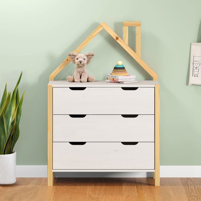 Commode Enfant ELANO en Bois Massif coloris naturel et blanc avec 3 Tiroirs de Rangement 84 x 120 x 41 cm