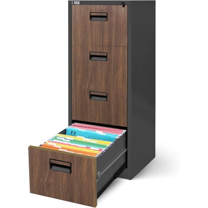 Armoire Classeur pour Dossiers avec 4 Tiroirs Armoire de Bureau Metallique 132 cm x 46 cm x 62 cm (Anthracite/Imitation Bois)
