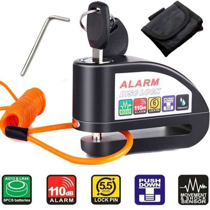 Ouken Disque De Frein De Verrouillage Alarme Moto Verr.Disque Moto Vélo Scooter Verrou De Sécurité Alarme Étanche avec Son Câble 1,2m Rappel Clés Câble pour Vélo Scooter Mobylette-Noir 