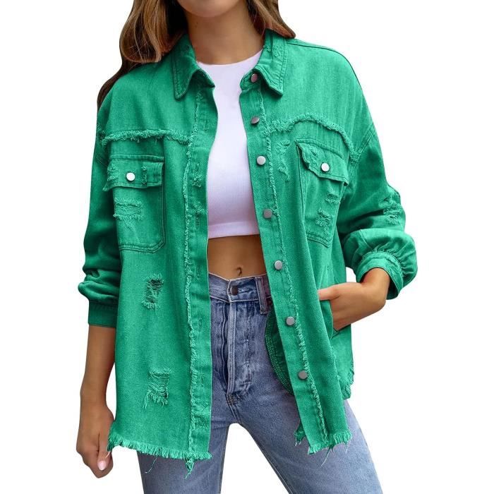 Veste en Jean Femme Blouson Manches Longues Dcontract Denim Jacket Vintage Jeans Jacket Couleur Unie Jean BlousonVAREUSEAG Vert Cdiscount Pret a Porter