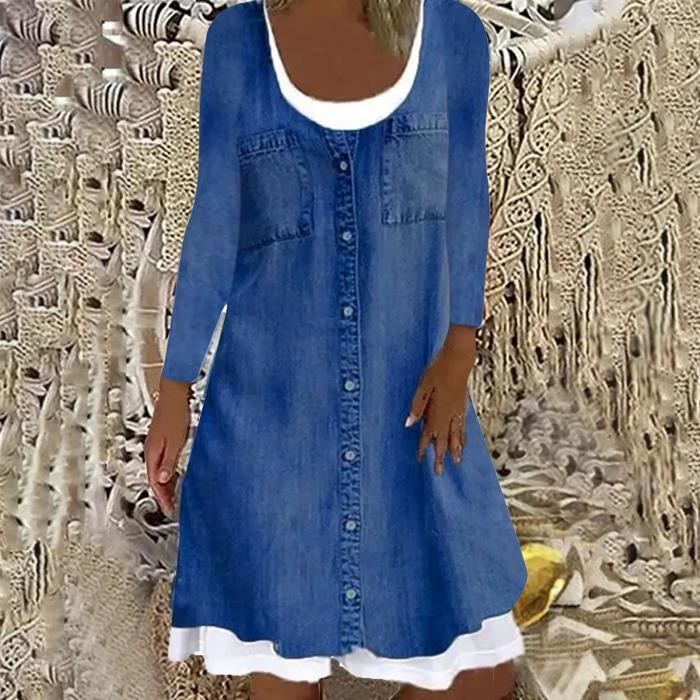 Robe en jean imitation faux deux pi ces grand ourlet automne col