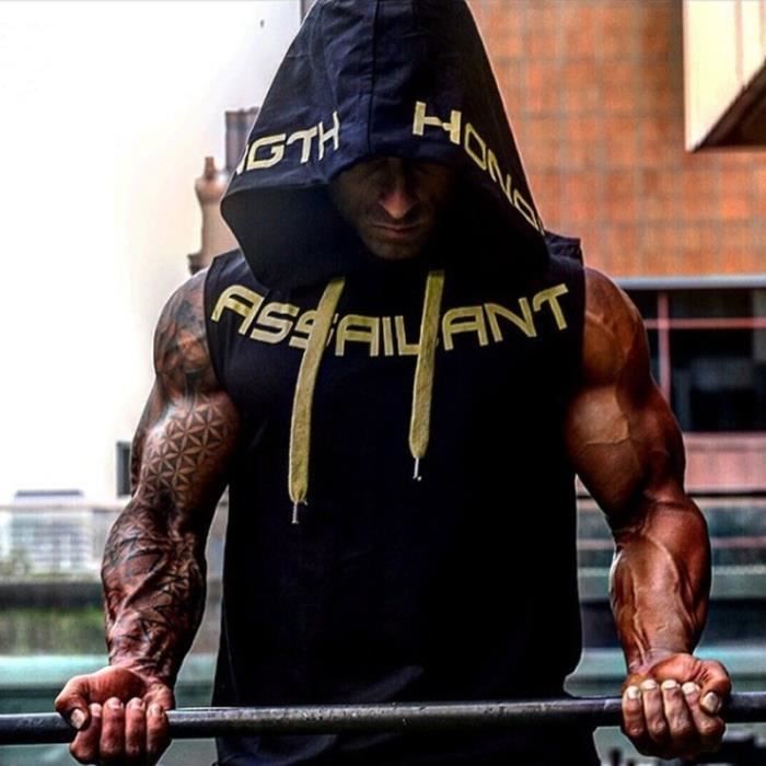 Gilet Debardeur de musculation pour hommes sans manches sweat a capuche chemise d entrainement musculaire gilet black yellow Blanc Cdiscount Pret a Porter