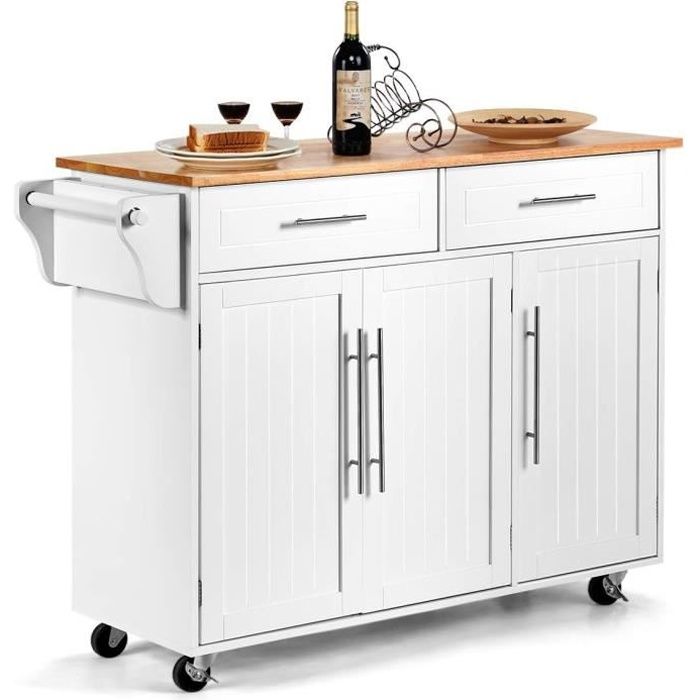 RELAX4LIFE Desserte Cuisine Buffet à Roulettes  3 Portes & 2 Tiroirs & 6 Compartiments  Porte-Serviettes et Porte-Outils  Blanc