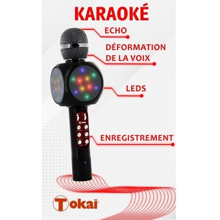 MICRO ENCEINTE KARAOKÉ AVEC LUMIÈRES LED - ENREGISTREMENT - CHANGEMENT DE VOIX - NOIRE - TOKAÏ