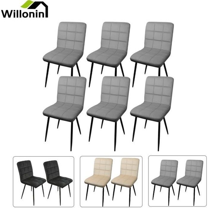 willonin® lot de 6 chaises de cuisine, siege 43x40cm en tissu velours, style vintage, hauteur 86cm, gris