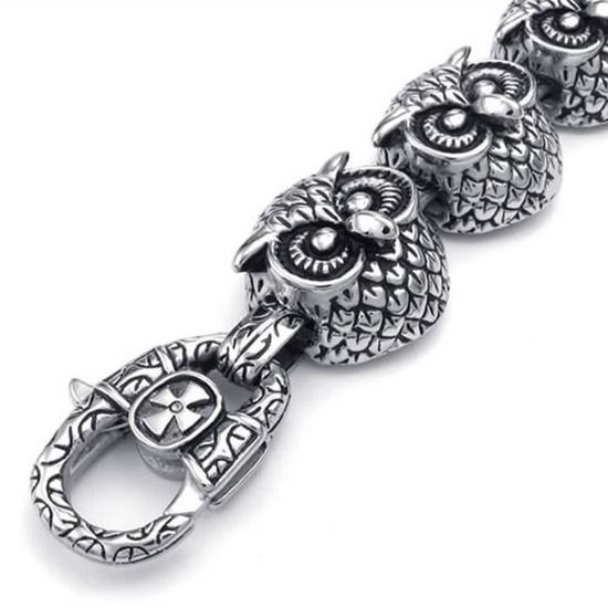 Bracelet Homme Hibou JewelryWe – Acier Inoxydable, Motif Hiboux Ouvert Yeux Rouges, Réglable (63,4 Mm) – Cadeau Symbolique