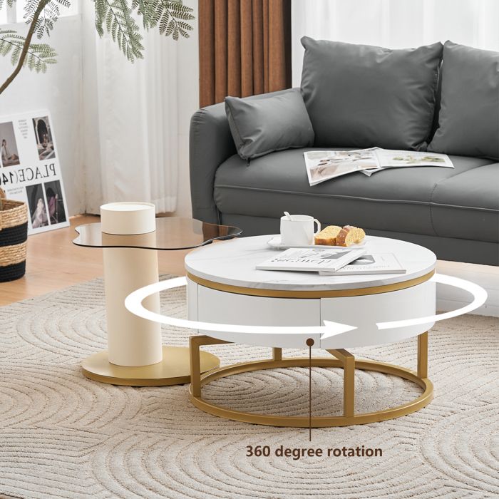 Lot De 2 Tables Basses Gigognes Avec Tiroir - Style Scandinave Placage A Motif De Marbre Blanc