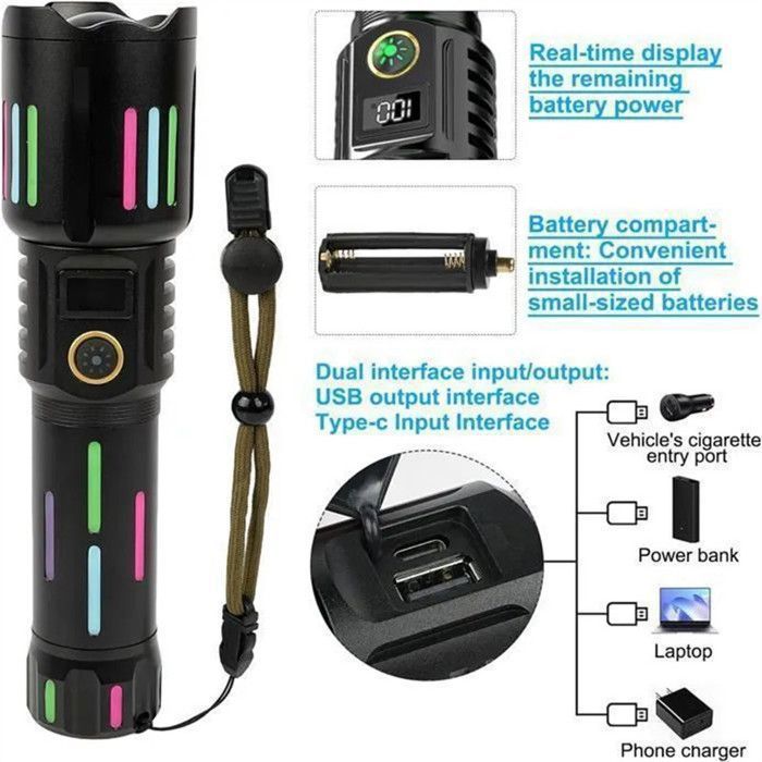 Lampe de poche LED puissante et rechargeable par USB, étanche pour randonnée d'urgence, sans éclairage latéral | Leroy Merlin