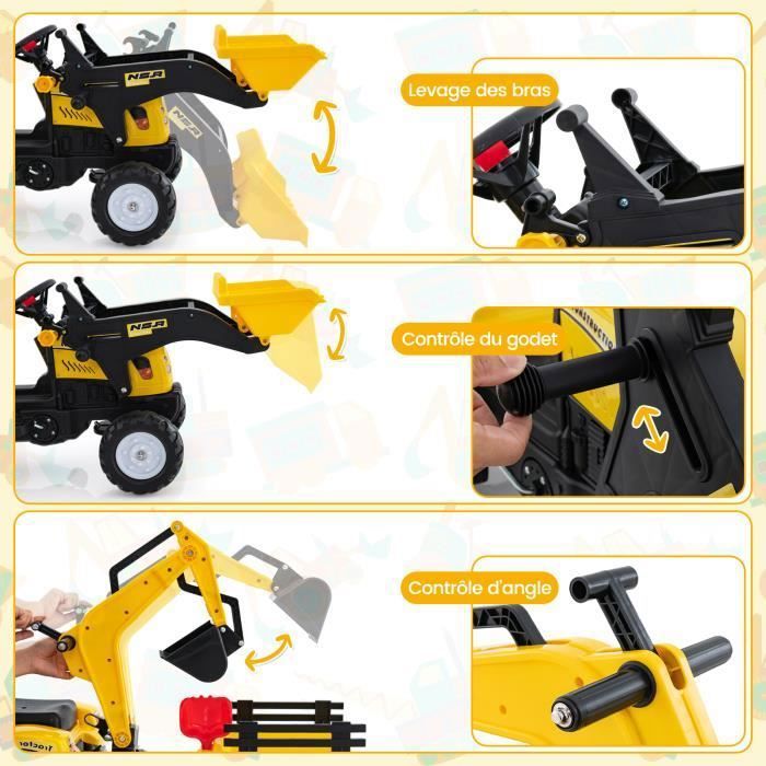 COSTWAY Caterpillar Porteur Tracteur Enfants Avec Remorque Amovible Amp Pelle Amp Rateau Voiture Enfants A 6 Pneus Avec Lumiere Led Amp Musique Amp Klaxon Charge 25kg Pour Enfants De 1 5 3 Ans