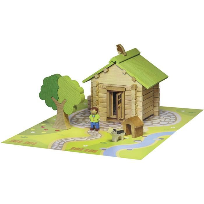 Jeujura – Maisonnette En Bois – 85 Pièces De Construction – Valisette Carton – Notice Et Tapis De Jeu – Dès 5 Ans