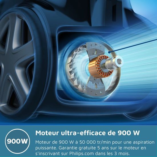 Aspirateur Avec Sac Philips Series 2000 - 900W, Filtre Anti-allergènes, 9m
