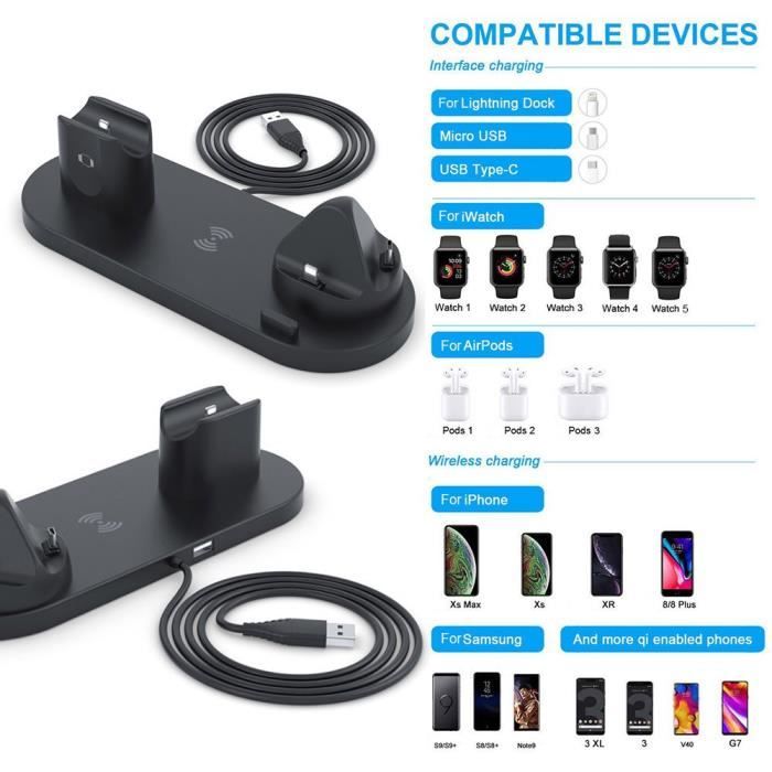 Qi 4 en 1 chargeur sans fil pour iPhone Station d'accueil de chargement  pour Apple Watch Airpods chargeur Micro USB Type C support de charge rapide, ✓ Meilleur prix au Maroc
