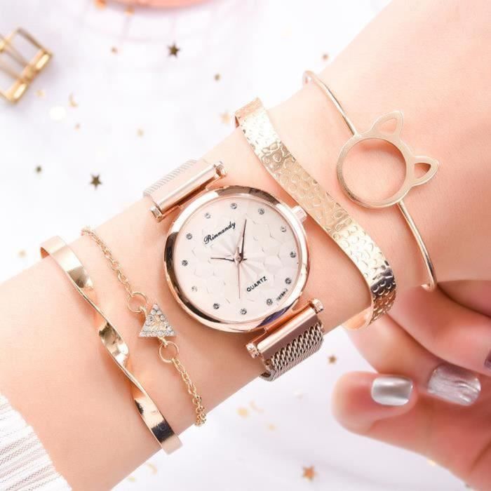 Coffret Montre Femme + Bracelet - Fleurs Bracelet en Acier