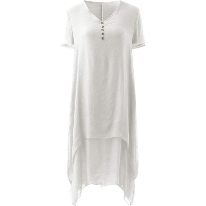 Robe Longue été Femme - Style Boho, Col V, Manches Courtes - Tissu Léger, Pour Plage, Mariage, Soirée - Couleur Blanc