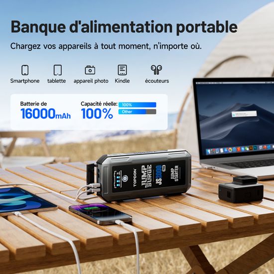 Booster Batterie Voiture TOPDON JS2000 - 2000A, 16000mAh - Démarre Les Moteurs Jusqu'à 8L Essence / 6L Diesel