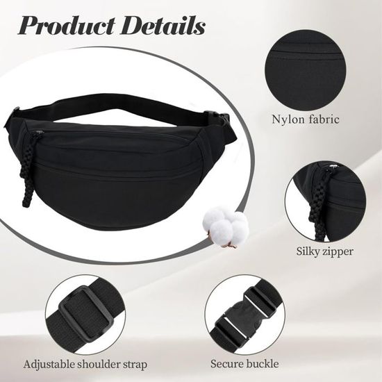 Sac Banane Velours Côtelé Noir - Bandoulière Réglable, Porte-clé Peluche Inclus - Unisexe, Pour Voyage, Shopping, Quotidien